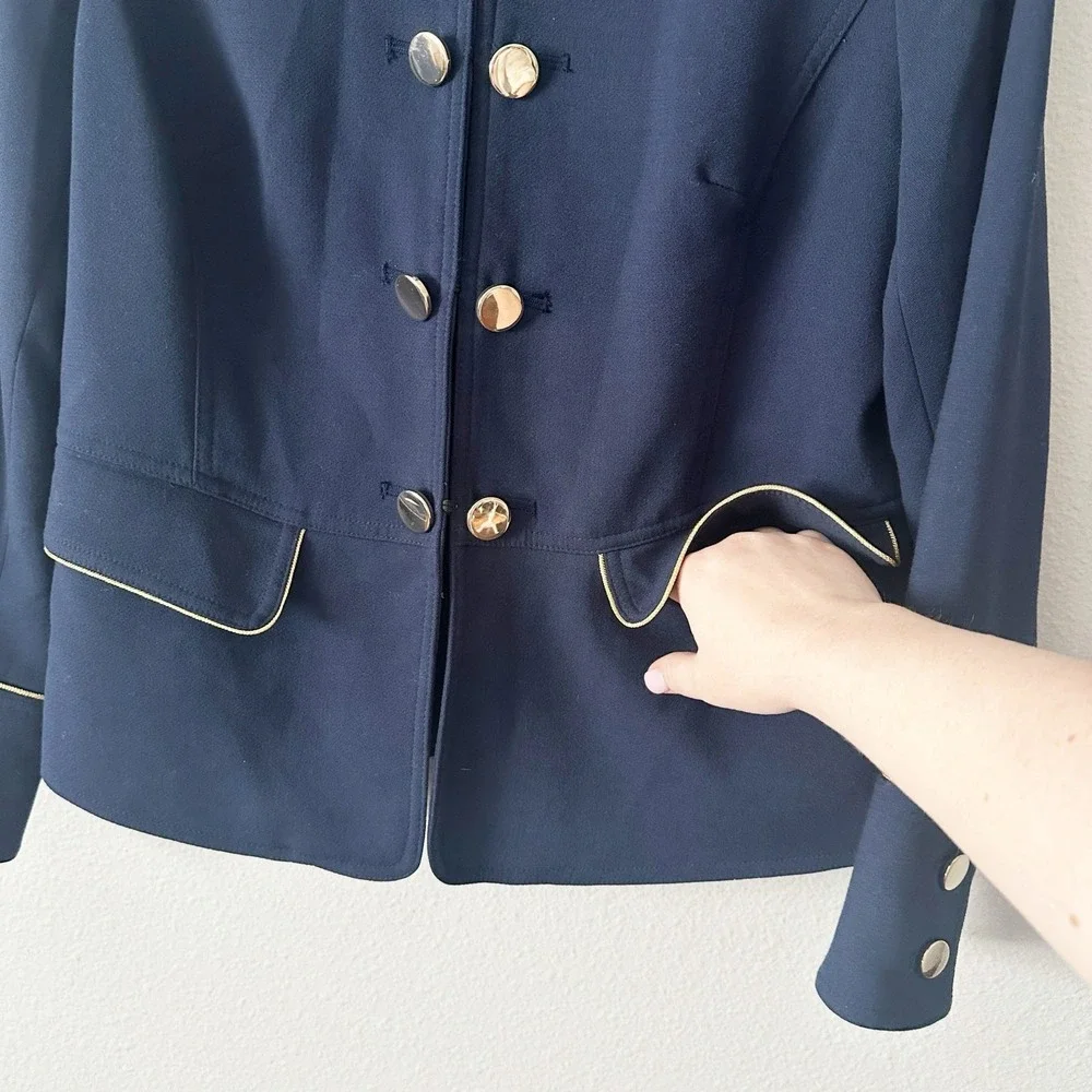 Chico's Size 1 Navy Military Gold Button Blazer Jacket Size Medium Size 8